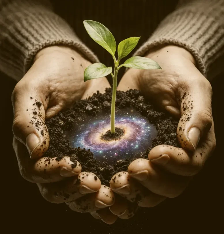 A tiny plant whose roots form a galaxy, symbolizing the connection between nature and cosmic technology